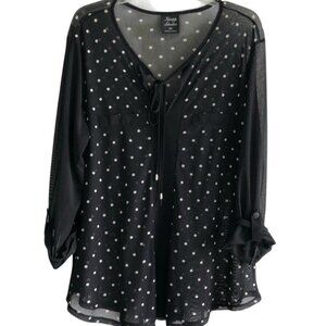Knapp Studio Sheer Top Polka Dot Roll Tab Sleeve XL Black 76P